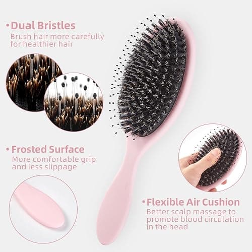 Jurrissa Boar Bristles Hair Brush for Women and Men, Detangling Hair Brush for Smoothing Massage Add Shine, Nylon&Boar Bristles Detangler brush for Hair Healthy (1 Pack-Pink) thumbnail 5