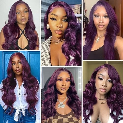 Dark Burgundy 13x4 Body Wave Lace Front Wig Human Hair 180% Density Deep Smokey Purple Body Wave Wigs for Women HD Transparent Lace Front Wigs Glueless Human Hair Pre Plucked with Baby Hair 20 inch thumbnail 5
