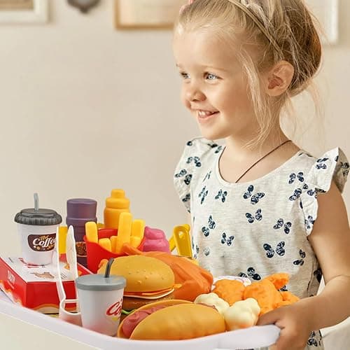 Hydeem 80 Pcs Pretend Play Food Toy for Kids Kitchen Aged 3 4 5, Fast Food Set with Storage Bucket, Pizza, Burger, Ice Cream, Hot Dog, Educational Birthday Toy Gift for Boys Girls thumbnail 2