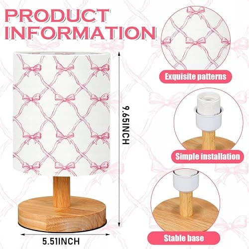 VIHOSE Coquette Bow Table Lamp for Kids Pink Bow Bedside Lamp for Bedroom Wooden Nightstand Cartoon Nursery Decoration Lampshade for Girls Boys Living Room thumbnail 2