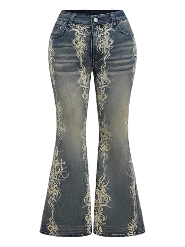 WDIRARA Women's Plus Size Goth Punk Graphic Flare Jeans Bootcut Denim Pants Streetwear - Image 1