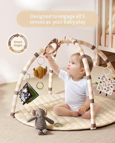 Blissful Diary Baby Play Gym Mat, Tummy Time Activity Mat with 6 Detachable Toys for Stage-Based Sensory & Motor Skill Development, Easy to Install & Clean, Baby Essentials Gift, Sandy Beige thumbnail 3