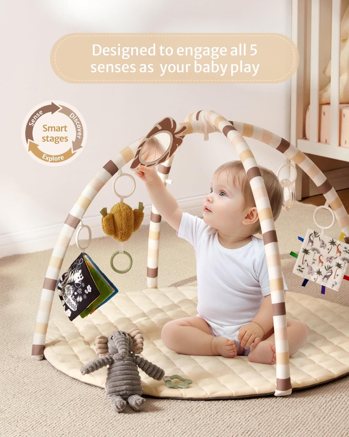 Blissful Diary Baby Play Gym Mat, Tummy Time Activity Mat with 6 Detachable Toys for Stage-Based Sensory & Motor Skill Development, Easy to Install & Clean, Baby Essentials Gift, Sandy Beige thumbnail 2