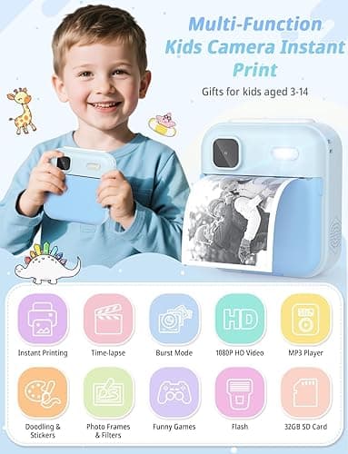 YOHOOLYO Kids Camera Instant Print, 2.4'' Digital Instant Camera for Kids with 32GB Card & 3 Rolls Paper, 1080P HD Video Recording, Birthday Gifts for Boys & Girls Aged 3-12, Blue thumbnail 3