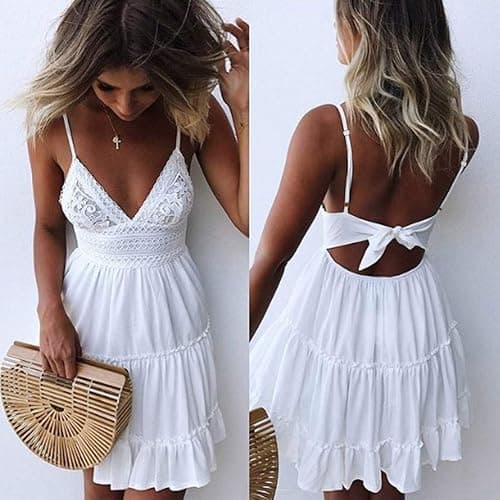 ECOWISH Summer Dresses for Women 2026 V-Neck Spaghetti Strap Bowknot Backless Sleeveless Lace Mini Swing Skater Dress thumbnail 4