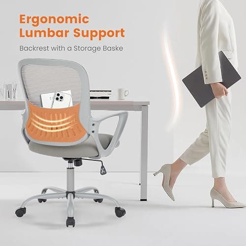 Sweetcrispy Office Computer Desk Managerial Executive Chair, Ergonomic Mid-Back Mesh Rolling Work Swivel Chairs with Wheels, Comfortable Lumbar Support, Comfy Arms for Home,Bedroom,Study,Student,Grey thumbnail 5