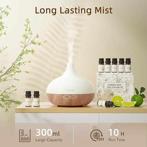 ASAKUKI 300ml Aroma Diffuser, Ultraschall Luftbefeuchter mit 8 * 10ml Ätherische Öle Set Diffusor, 14 Farben LED, 23dB Cool Mist Raumbefeuchter, Yoga, SPA, Zuhause Gelb thumbnail 3