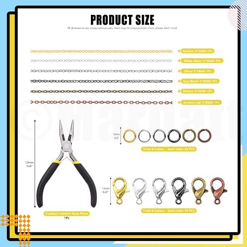 Mardatt 247Pcs 6 Colors 60ft Metal Jewelry Making Chains with Jewelry Pliers Lobster Clasps and Open Jump Rings, Jewelry Findings Supplies for Necklace Earring Bracelet DIY Craft thumbnail 2