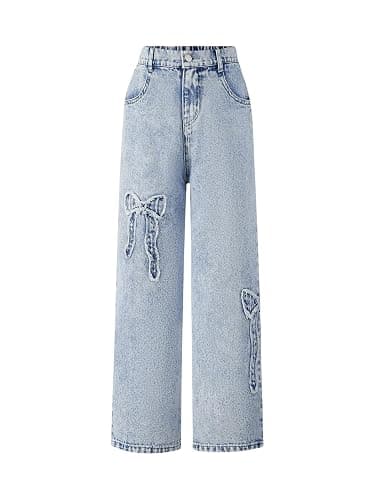 WDIRARA Girl's Bowknot Print Washed Jean Elastic Waist Denim Pants Straight Leg Trousers with Pockets - Image 1
