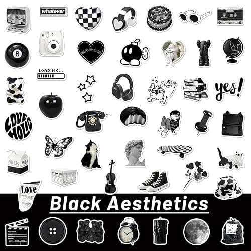 Pigbit 50Pcs Vintage Black White Stickers,Vinyl Cute Aesthetic Retro Y2K Stickers for Water Bottles Laptops Scrapbooking thumbnail 4