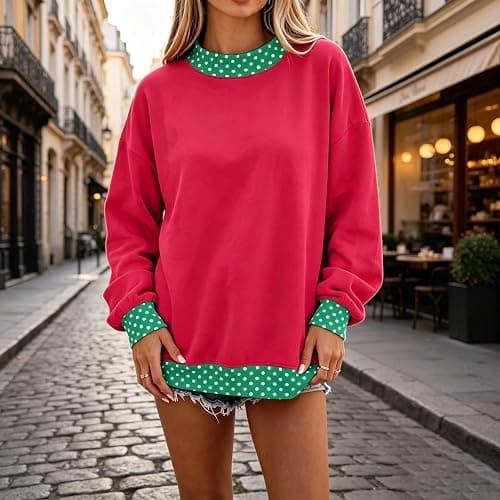 Polka Dot Mock Neck Sweatshirt Women Oversized Cute Fall Baggy Sweatshirt | No Hood, Casual, Long Sleeve, Loose Fit, Cozy, Soft, Hoodless Hoodies, Cotton Sweaters, Sudaderas Para Mujer, Fall Fashion thumbnail 2