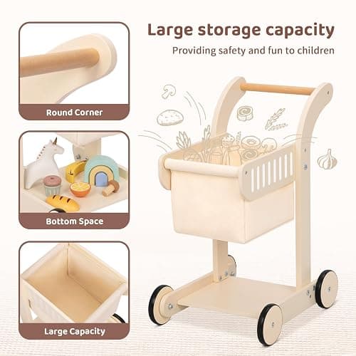 OOOK Baby Push Walker Doll Stroller, Wooden Baby Walker for Girls and Boys, Kids Shopping Cart for Toddlers, Kids Stand Learning Walker with 4 Wheels thumbnail 5