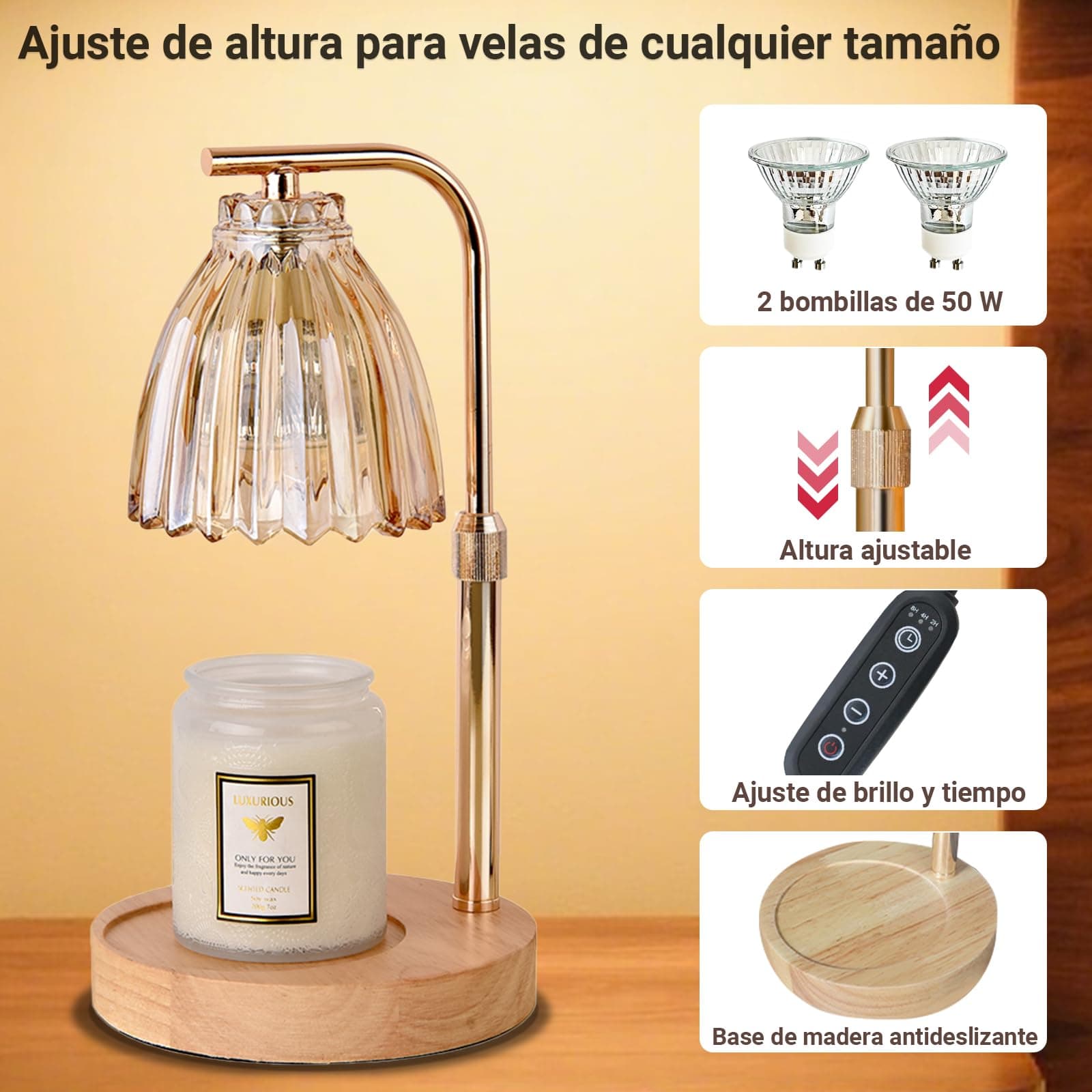 WNTOZ Lampara para Velas aromaticas con 2 Bombillas,Lampara Calentadora de Velas con Temporizador y regulador,Calentador de Altura Ajustable para Mujeres, Hombres y Maestros - Rayado thumbnail 2