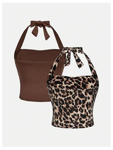 Floerns Girl's 2 Pcs Sleeveless Halter Top Leopard Print Ruched Y2k Tank Top thumbnail 3