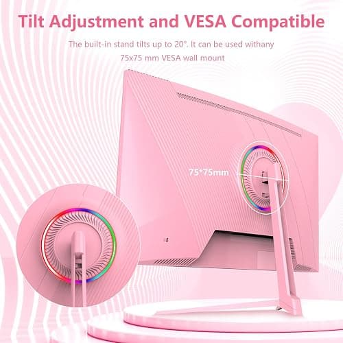 Raywego Pink 27 inch Curved Gaming Monitor 180Hz,QHD 1080P,1800R LED Display,Pink Computer Monitor,1ms (MPRT),FreeSync,Eye-Care Technology, DP, HDMI Port for Gaming Home Office,VESA(75mm×75mm) thumbnail 8