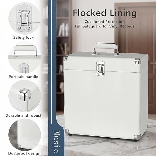 Vinyl Record Storage Box – Lockable Leather Crate for 7 10 12 Inch Records (Leather White) thumbnail 4