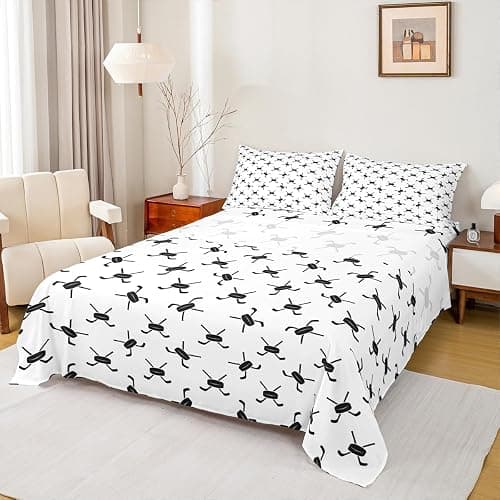 Ice Hockey Kids Sheet Full Size,Winter Ball Sports Games Competition Bedding Set,Girls Boys Adults Room Decor,Simple Modern Fashion Black White Bed Sheet Set 4pcs(Fitted + Flat + 2 Pillowcases) thumbnail 2