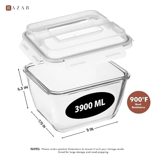 Razab 17 Cups / 132 Oz / 3900ml Large Glass Food Storage Containers with Lids - Leakproof, BPA-Free Large Meal Prep Container Ideal for Roasting Turkey, Store Leftover - Microwave & Oven Safe thumbnail 2