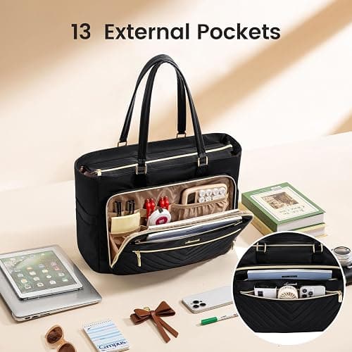 LOVEVOOK Laptop Tote Bag for Women, Work Bag Teacher Tote with Large Cup Holder, Quilted Nurse Diaper Bag for Travel, Computer Women's handbags for Teacher gift, Black, 15.6 Inch thumbnail 4