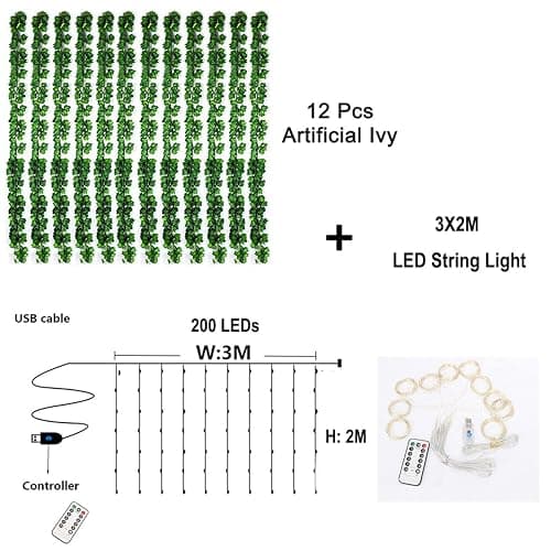 12 Packs Artificial Ivy, 84FT Garland Hanging Plants Fake Vines with 200 LED String Light for Bedroom Wedding Party Garden Wall Room Home Decor thumbnail 3