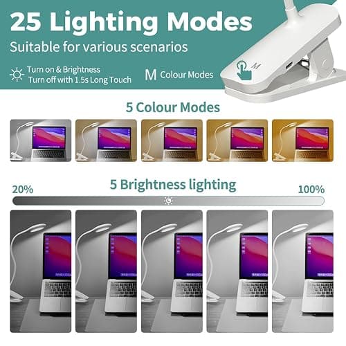 CUHIOY Clip on Reading Light for Bed Headboard, Rechargeable Battery Clamp on Bunk Bed Light, 5 Colors 5 Brightness Flexible Neck Desk Lamp, Eye Protect LED Touch Control Book Lights at Night for Kids thumbnail 5