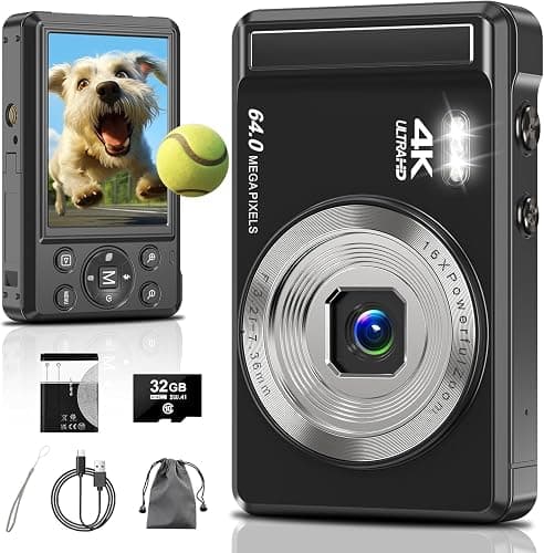 4K Digitalkamera,2.8 Zoll 64MP UHD Fotokamera mit 32-GB-Karte, 1200mAh Akku, 16-facher Digitalzoom Autofokus Kompaktkamera für Kinder Anfänger Teenager - Image 1
