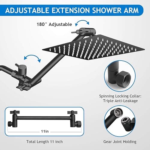 Shower Head Combo,10 Inch High Pressure Rain Shower Head with 11 Inch Adjustable Extension Arm and 5 Settings Handheld Powerful Shower Spray Against Low Pressure Water - Matte Black thumbnail 5