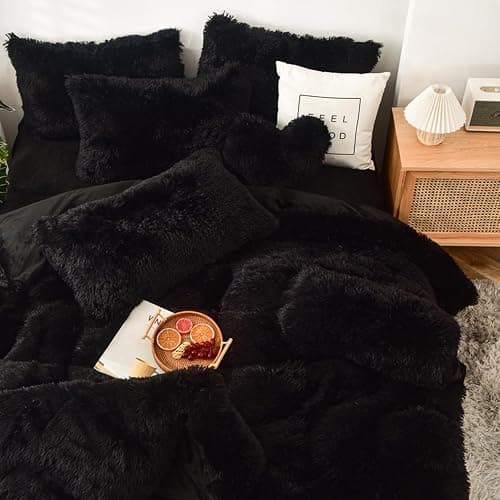 MorroMorn 5 PCS Shaggy Duvet Cover Bedding Set - Fluffy Comforter Cover Long Faux Fur Luxury Ultra Soft Cozy (Black, Full/Queen) thumbnail 2