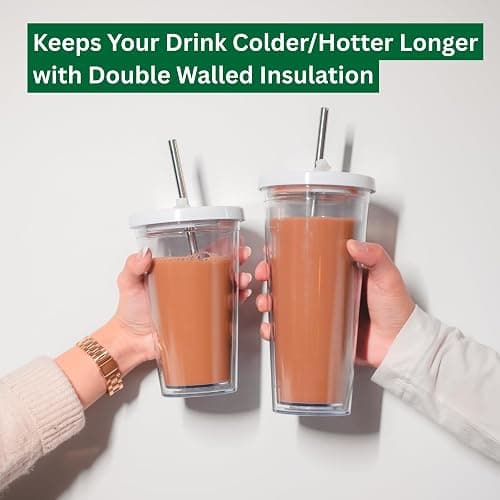 Reusable Iced Coffee Cup (24 Oz/Venti), Leak Proof and Double Wall Insulated Iced Coffee Tumbler, Come with Reusable Plastic and Metal Straws and Straw Cleaner - White thumbnail 5