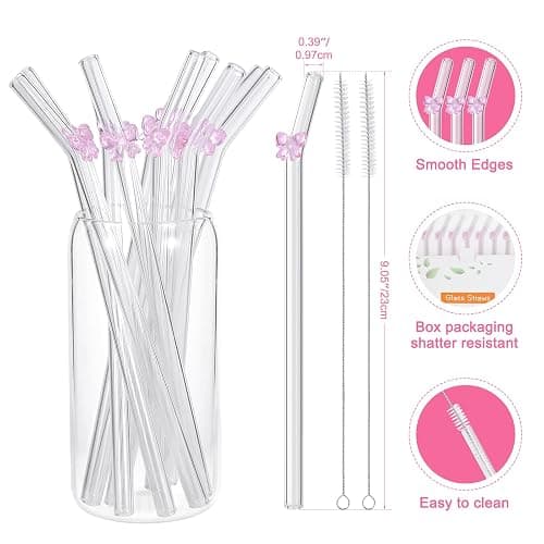 10 Pcs Reusable Pink Bow Glass Straws,9''x10 mm Bent Cute Glass Straws Shatter Resistant with Charms for Smoothies,Milkshake,Teas,Juice Drinks thumbnail 3