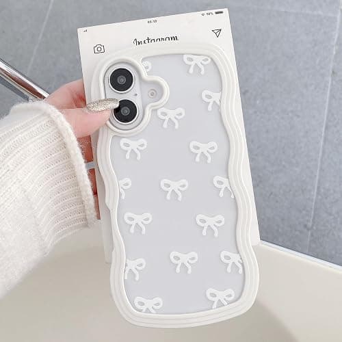 QLTYPRI Bow Case for iPhone 16, Clear Cute Ribbon Bow Phone Case Curly Wavy Aesthetic Phone Case, Slim Soft Transparent Shockproof Protective Cover for Women Girls - White - Image 1
