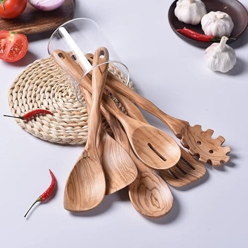 Olive Wooden Utensils for Cooking, Long Handle Wooden Spoons for Cooking, 6 PCES Crafting Wooden Spoon Set, Wooden Kitchen Utensil set, Natural Olive Wood utensil Set thumbnail 2