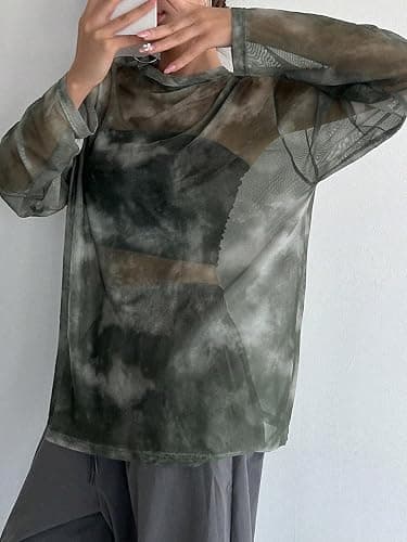 Verdusa Women's Y2k Tie Dye Sheer Mesh Top Long Sleeve Oversized Rave Streetwear Tops Whimsical Clothes thumbnail 5