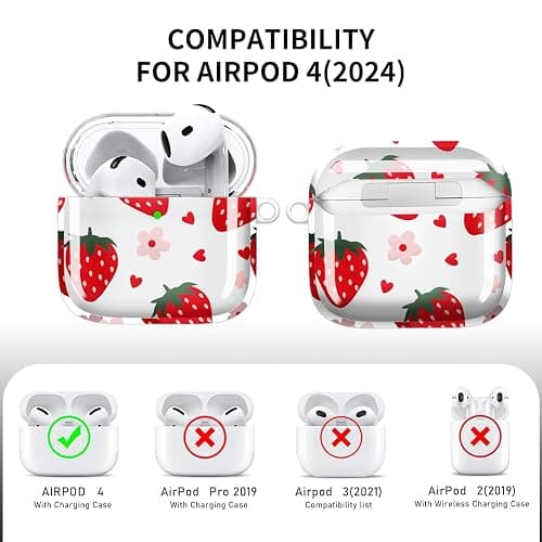 Case Cover Compatible with AirPods 4th Generation 2024, Wireless Charging, Shockproof, Soft TPU Transparent Reduced Yellowing for AirPods 4 Cases with Gold Keychain (Strawberry Heart) thumbnail 4