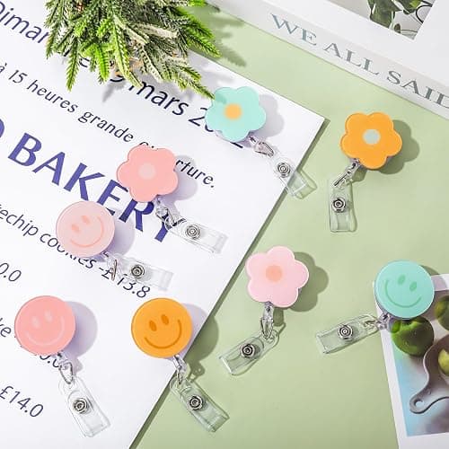 Whaline 8Pcs Preppy Flower Smile Face Badge Reel with Clips Retractable Cord Colorful Groovy ID Badge Reel Name Tag Badge Holder for Office Hospital Teachers Favor thumbnail 2