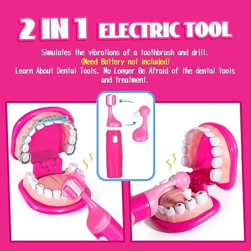 ULOVEME Kids Dentist Play Set Pink with Braces /Removable Teeth /Retainer - Doctor Kit for Toddlers 3-5 - Educational Toys for 4+ Year Old Girls - Pretend Play Toy for Ages 5-7 (Fushia) thumbnail 4