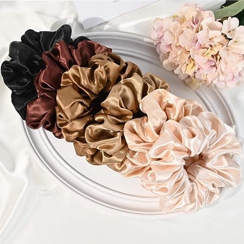 CEELGON Large Silk Satin Scrunchies for Women Big Scrunchies Jumbo Satin Hair Ties Oversized Hair Scrunchies for Thick Curly Hair Pack of 6 (Black,Champagne,Brown,Gold) thumbnail 7