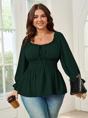SHESTARR Womens Plus Size Tops Square Neck Long Sleeve Blouse Babydoll Ruffle Peplum Smocked Summer Top - Emerald Green - XX-Large Plus thumbnail 3
