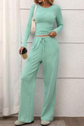 CHYRII Womens Two Piece Sets Fall Fashion Striped Long Sleeve Tops Wide Leg Palazzo Pants Outfits Loung Sets thumbnail 5