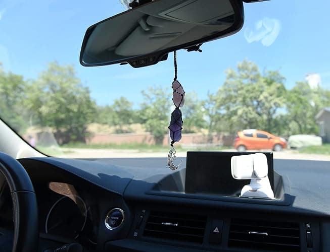 BOHO GARDEN Crystal Hanging Car Charm - Purple Rear View Mirror Hanging Car Accessories for Women, Moon Decor Hanging Ornament, Witchy Gifts and Healing Stones - Rose Quartz & Amethyst thumbnail 2