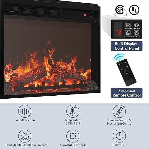 BELLEZE 67" Turin TV Stand with 23" Electric Fireplace Heater - Camel | Fluted Sliding Tambour Doors,For TV up to 75",Realistic Sound of Burning Matches thumbnail 5