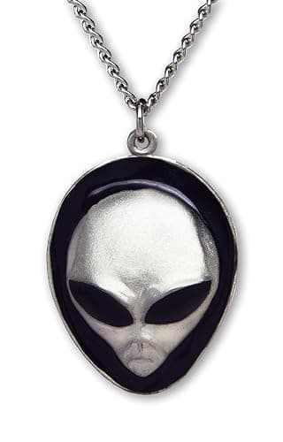Real Metal UFO Roswell Alien Head with Black Enamel Eyes Pendant Necklace - Image 1