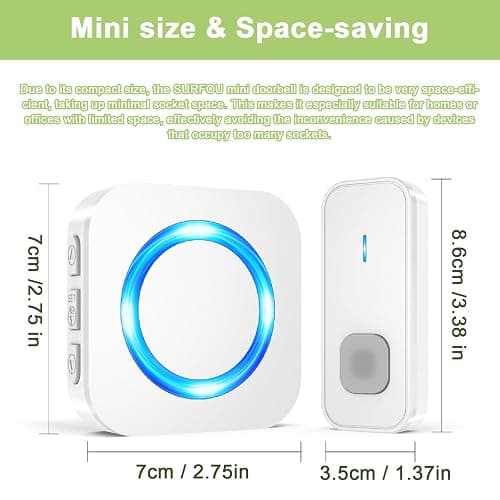 SURFOU Wireless Doorbell,Waterproof Doorbell 2 Push Buttons 2 Plug in Receivers at 1300ft Long Range Door Bell with 55 Chimes 5 Volume Levels Mute Mode LED Flash Wireless Door Bells for Home Classroom thumbnail 2