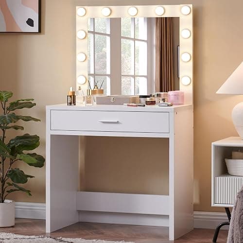 FITSCROPR Vanity Desk with Lamp Bulb Mirror Makeup Vanities Table Drawers,Vanity Storage Bench,for Bedroom White - Image 1