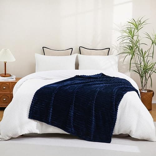 Linecooo Navy Blue Fleece Throw Blanket 50”×60” for Couch Sofa Bed,Super Soft Cozy Plush Microfiber Flannel Blanket with Stripes Design Lightweight for Adults,Woman,Girls thumbnail 3