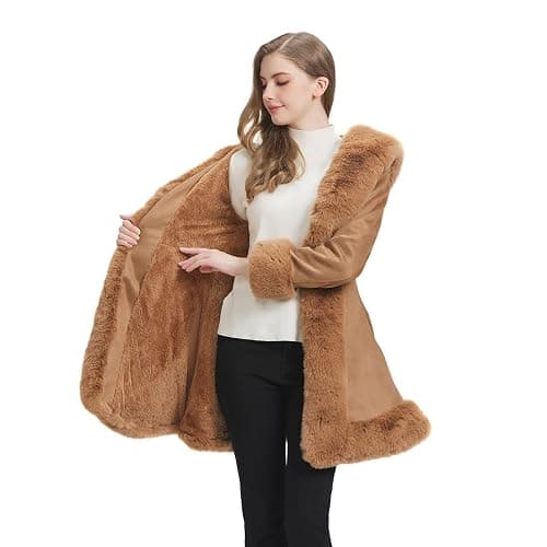 GRAN ORIENTE Suede Jacket for Women with Faux Fur Collar,Long Sleeve Warm Winter Parka Coat with Belt Outerwear thumbnail 5