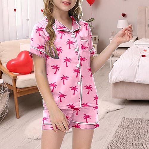 Pink Puff 𝙂𝙞𝙧𝙡𝙨 Pajamas Sets Cute Preppy Clothes Short Sleeve 𝙆𝙞𝙙𝙨 Pjs Button Down Satin Loungewear for 𝟮-𝟭𝟯𝙔 - #A08-pink - 10-11 Years thumbnail 2