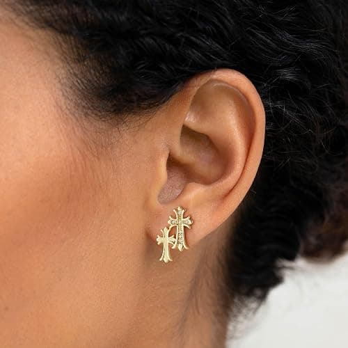 Warshion Gold Cross Earrings for Women 14K Gold Double Piercing Cross Earrings Diamond Stud Earring thumbnail 3