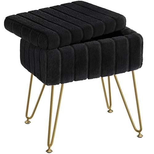 Greenstell Vanity Stool Chair Faux Fur with Storage, 15.7"L x 11.8"W x 19.4"H Soft Ottoman 4 Metal Legs with Anti-Slip Feet, Furry Padded Seat, Modern Multifunctional Chairs for Makeup, Bedroom Black - Image 1