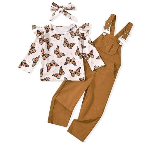 HINTINA 2PCS Baby Girls Clothes Toddler Jumpsuit Rompers Adjustable Ripped Jeans Overalls Set with Long Sleeve Stripe T-Shirt - Image 1